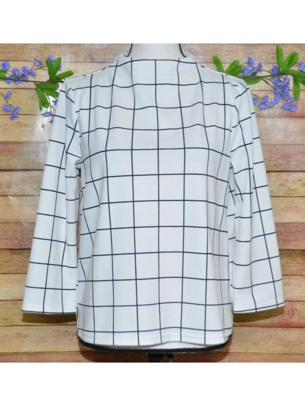 Melloday White 3/4 Sleeve High Neck Boxy Blouse M Grid Window Pane Career Office